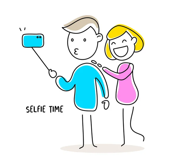 Vector color illustration of cute couple doing selfie together o — Stock Vector