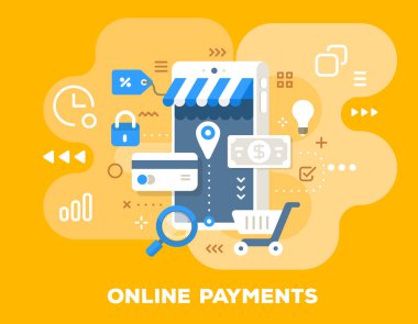 Vektör renkli resimde online mağaza. Online ödeme co