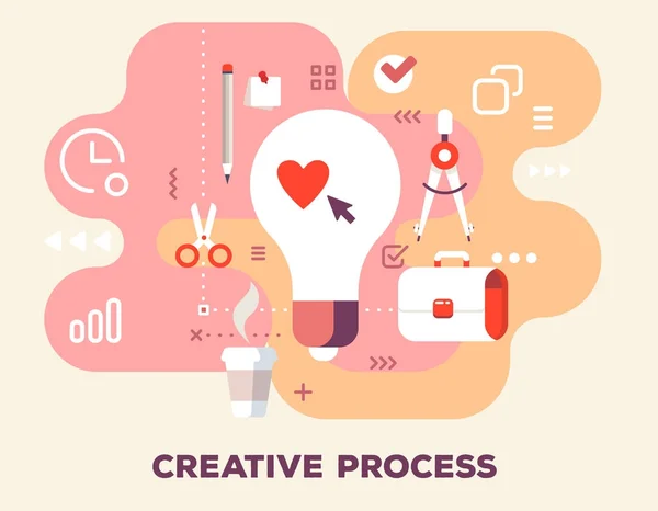 Kreativer Prozess mit Bürobedarf-Konzept auf rosa Hintergrund — Stockvektor