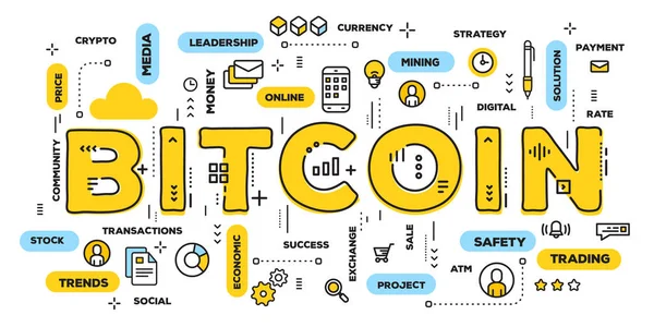 Ilustração criativa vetorial da palavra amarela bitcoin lettering ty —  Vetores de Stock