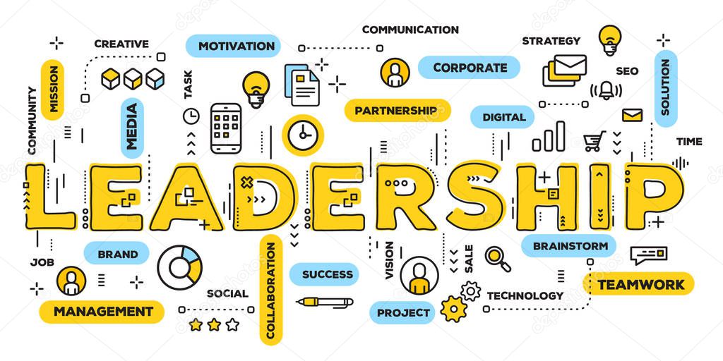 Vector creative illustration of leadership yellow word lettering