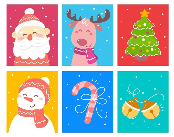 Vektorová sada vánočních ilustrací sobů, sněhuláka, dekorace — Stockový vektor