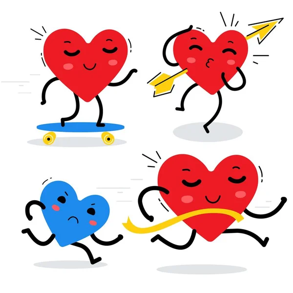 Vector romántica ilustración de conjunto de feliz corazón rojo carácter — Archivo Imágenes Vectoriales