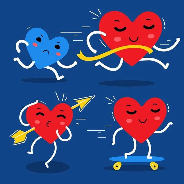 Vettoriale romantico set di felice carattere cuore rosso e blu in dif — Vettoriale Stock