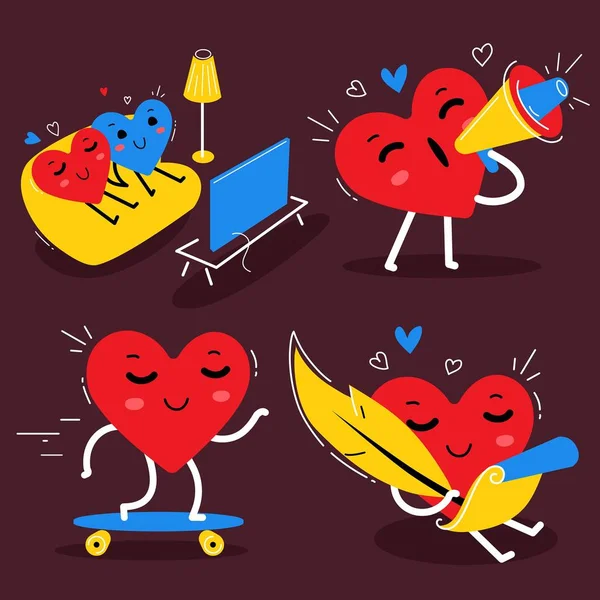 Vector romantic set of happy red and blue heart character with m — 스톡 벡터