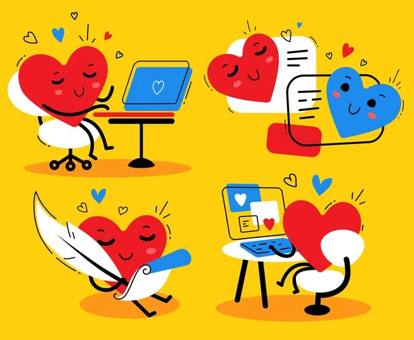Insieme vettoriale di illustrazione romantica di felice carattere cuore rosso — Vettoriale Stock