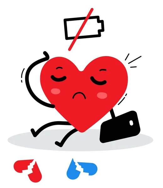 Ilustración vectorial de corazón triste rojo con phon inteligente de batería baja — Archivo Imágenes Vectoriales