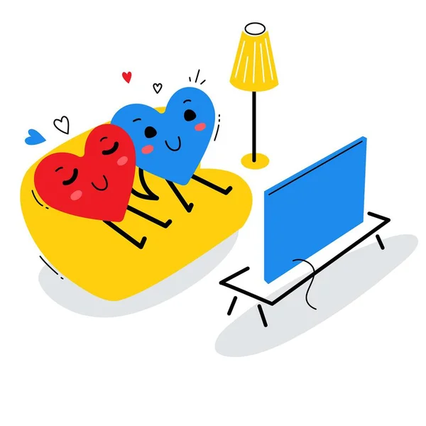 Векторная иллюстрация красного и синего счастливого сердца, сидящего на диване — стоковый вектор