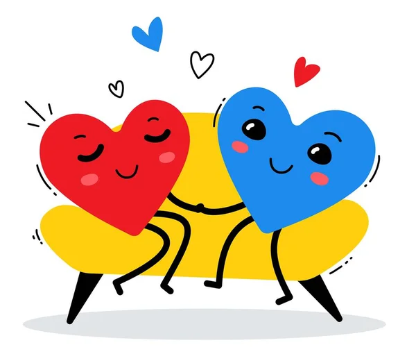 Vector illustration of red and blue smiling happy heart sitting — 스톡 벡터