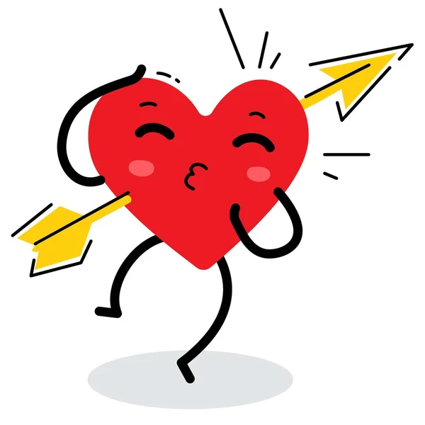 Vector illustration of red happy heart character pierced by cupi — 스톡 벡터