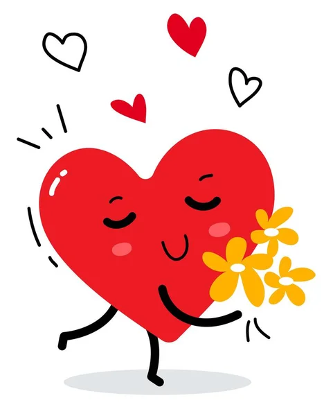 Vector illustration of red happy heart character with flower bou — Stock Vector