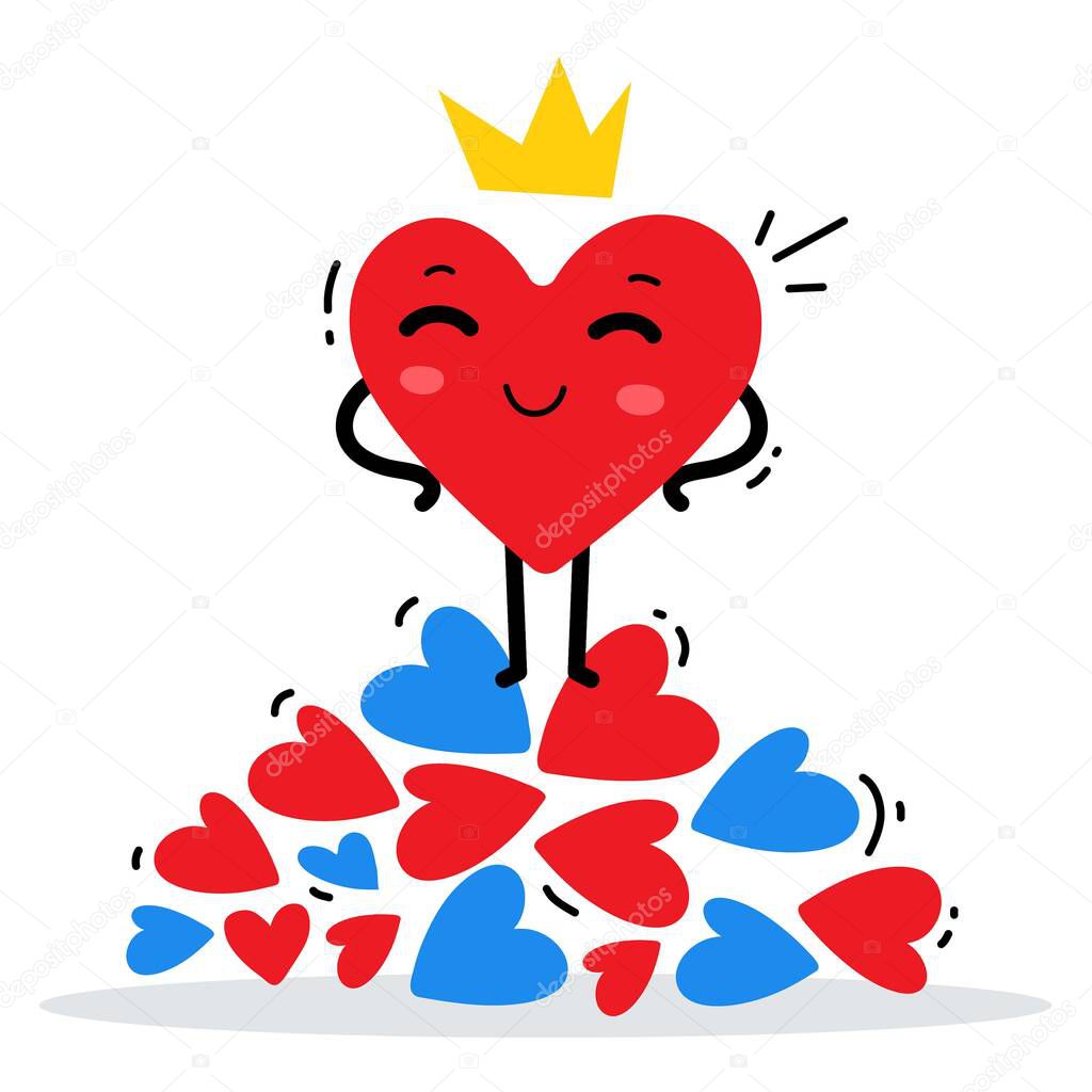 Vector illustration of red happy king heart with crown standing 