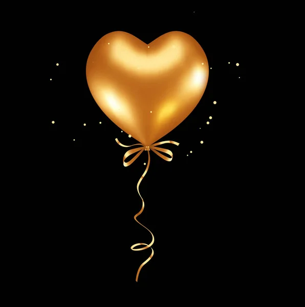 节庆3D现实的金色心形气球 带弓和带 黑色背景 闪烁着五彩斑斓的彩霞 情人节大旗 浪漫贺卡气球的庆祝矢量浪漫设计 — 图库矢量图片