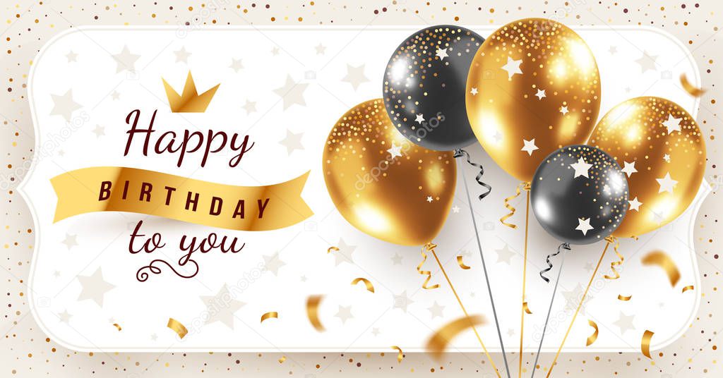 Vector happy birthday horizontal illustration with 3d realistic golden and black bunch of air balloon in frame on white background with text and glitter confetti. Holiday design for greeting card, party poster, invitation, banner