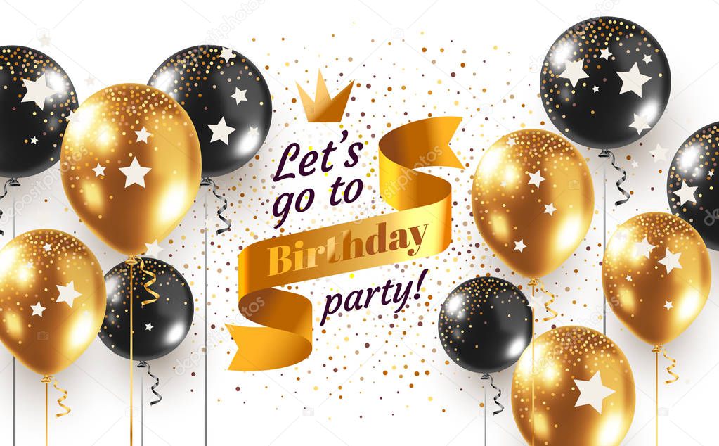 Vector holiday illustration with 3d realistic golden and black air balloon on white background with text and glitter confetti. Happy birthday horizontal design for greeting card, party poster, invitation, banner