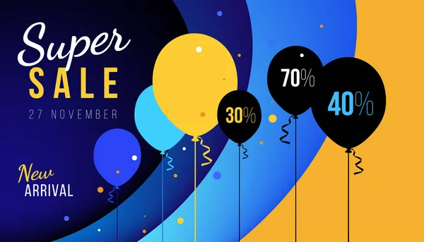 Ilustração Super Venda Vetorial Com Balão Colorido Fundo Azul Amarelo — Vetor de Stock