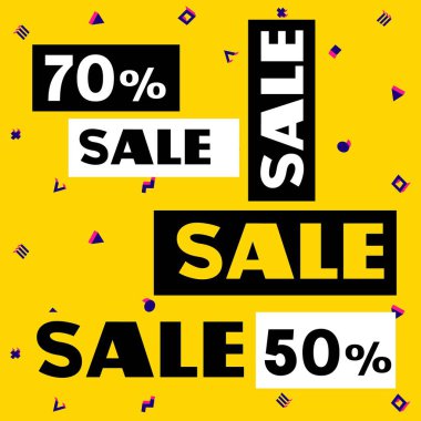 Sözcük satışı ile parlak satış illüstrasyonları ve sarı arka planda yüzde birlik kısım. Web, site, pankart, poster için düz stil yaratıcı tasarım