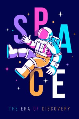 Uzay giysisi içinde uzay boşluğunu keşfeden renk kelimesinin ve kozmonotun vektör moda illüstrasyonu. Astronot yıldızlı karanlık arka planda uzay yürüyüşü yapıyor. Tatil Kozmonotik Günü için insan uzay uçuşunun düz çizgi sanat tasarımı