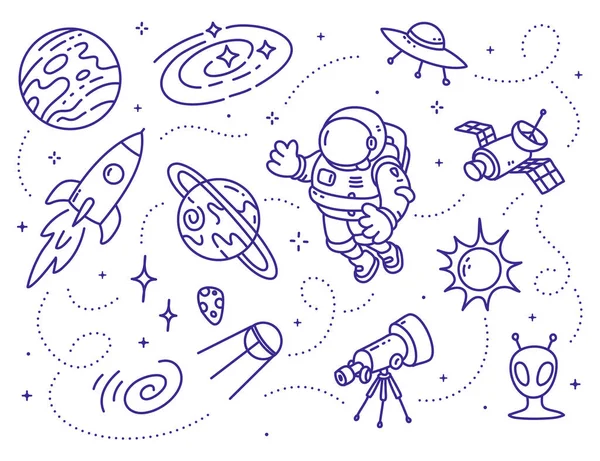 Vektor Kreative Illustration Des Kosmonauten Raumanzug Und Weltraumobjekte Auf Weißem — Stockvektor