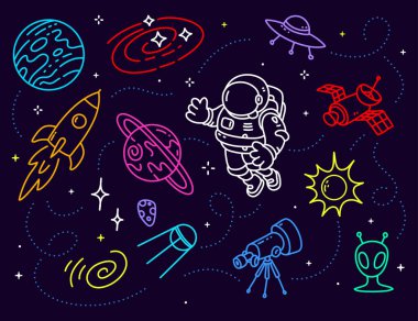 Uzay giysisi içindeki kozmonotun ve yıldızlı karanlık arkaplandaki uzay nesnelerinin yaratıcı temsili. Astronot uzayı keşfediyor. Tatil Kozmonotları Günü için Çizgi Sanat Tasarımı Bayrağı