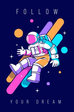 Uzay giysisi içindeki kozmonotun dış uzayı renk çizgisi ile keşfetmesinin vektör moda illüstrasyonu. Astronot yıldızlı karanlık arka planda uzay yürüyüşü yapıyor. Tatil Kozmonotik Günü için insan uzay yolculuğunun düz çizgi sanat tasarımı.