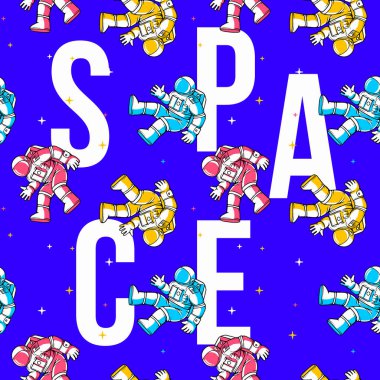 Kelime uzayı ve astronotların uzayı keşfettiği kusursuz bir model. Uzay elbisesi içindeki kozmonot yıldızlı mavi arka planda uzay yürüyüşü yapıyor. Tatil Kozmonotik Günü için insan uzay uçuşunun düz çizgi sanat tarzı tasarımı