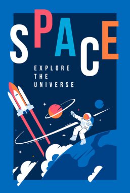 Astronotun dünya yakınlarındaki karanlık arka planda uzay yürüyüşü yaptığı bir tasvirle vektör yaratıcı dikey şablon. Uzay giysisi içindeki kozmonot uzay ve uzay gemisini keşfediyor. Tatil kozmonotikleri için insan uzay yolculuğunun düz çizgi sanat tasarımı 