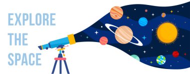 Vector creative template with illustration of telescope and planet of solar system on color background. Flat style concept design of space for holiday cosmonautics day greeting banner clipart