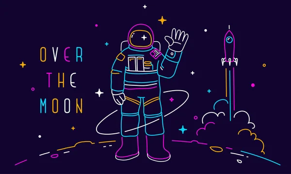 宇宙飛行士のベクトル創造的なネオンイラストは 星やロケットで暗い背景の宇宙空間を探索します 宇宙服を着た宇宙飛行士が月で宇宙遊泳をする 休日の宇宙服のための人間の宇宙飛行のラインアートスタイルのコンセプトデザイングリーン — ストックベクタ
