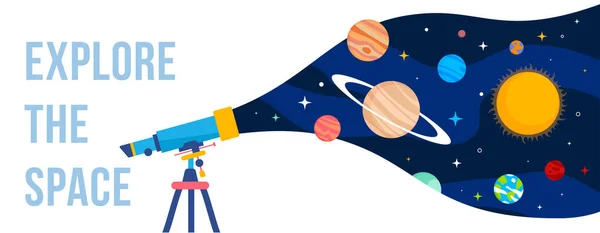 Plantilla Creativa Vectorial Con Ilustración Telescopio Planeta Del Sistema Solar — Vector de stock