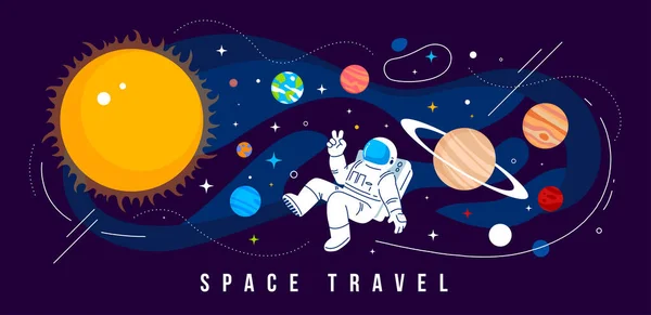 Vector creative illustration of cosmonaut in spacesuit exploring outer space with planet of solar system and sun. Astronaut flying in zero gravity on dark background. Flat line art style creative design of human spaceflight for holiday cosmonautics d