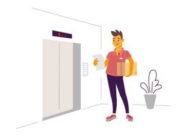 Paket kutulu mutlu teslimatçının vektör çizimi ve beyaz arka plandaki asansörün yanında sipariş kağıdı. Eve teslimat var. Web, site, poster, afiş için çalışan insanların düz çizgi sanat tarzı tasarımı