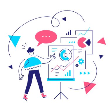 Beyaz arka planda çizelgesi olan geometrik başarılı bir adamın yaratıcı temsili. Finansal analiz raporu. Web, site, poster, afiş için çalışan insanların düz çizgi sanat tarzı tasarımı