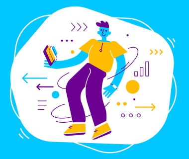 Akıllı telefonlu mutlu adamın renkli arkaplanlı ve ikonlu yaratıcı çizimi. Sosyal ağlarda günlük giysiler içinde genç ve pozitif bir adamın iletişimi. Web, site, poster, afiş için insanların düz çizgi film tarzı tasarımı 
