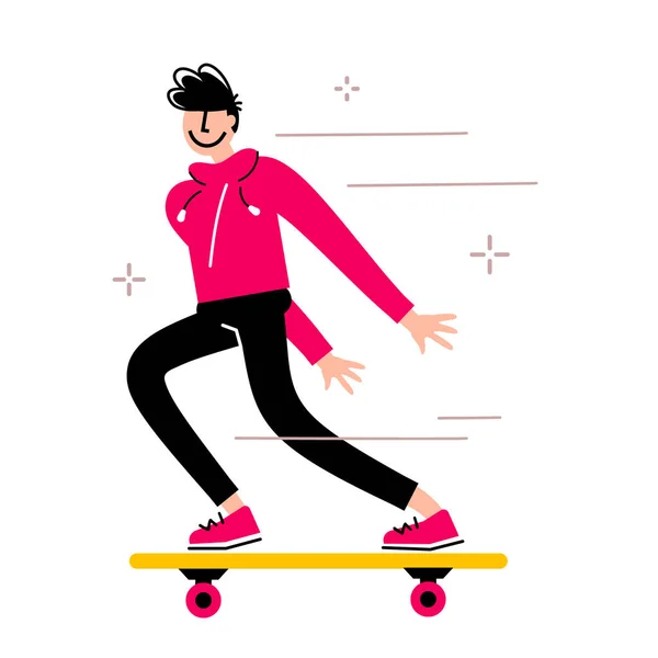 Векторная Иллюстрация Счастливого Подростка Катающегося Скейтборде Молодой Скейтбордист Улыбкой Белом — стоковый вектор