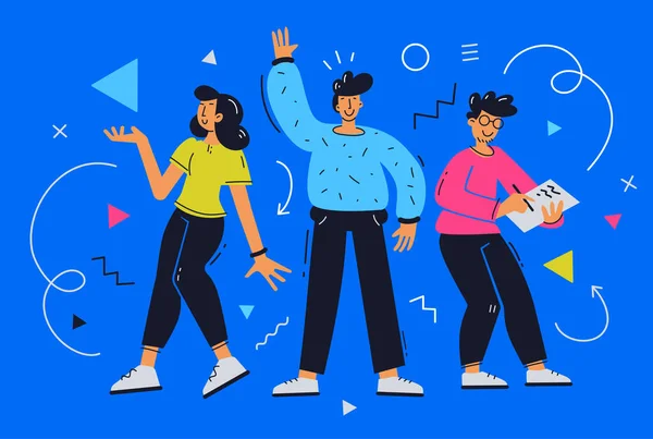 青い背景に創造的な若者のチームのベクトル明るいイラスト ビジネスマンと女性キャラクターのグループのコミュニケーション チームワークの人々の挨拶のフラット漫画スタイルのデザイン — ストックベクタ
