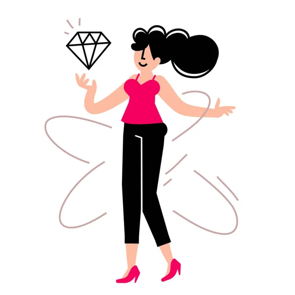 Vetor Ilustração Criativa Mulher Feliz Com Diamante Sobre Fundo Branco — Vetor de Stock