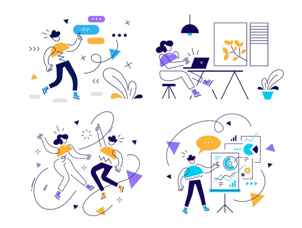 Vektor Reihe Kreativer Geschäftlicher Illustrationen Der Kommunikation Von Mitarbeiterteams Arbeitsplatz — Stockvektor