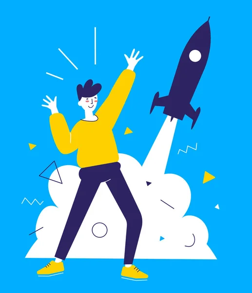 云彩背景下的带着蓝色启动宇宙飞船的年轻快乐男人的向量创意商业图解 用于网页横幅 网站的平面卡通风格设计 — 图库矢量图片