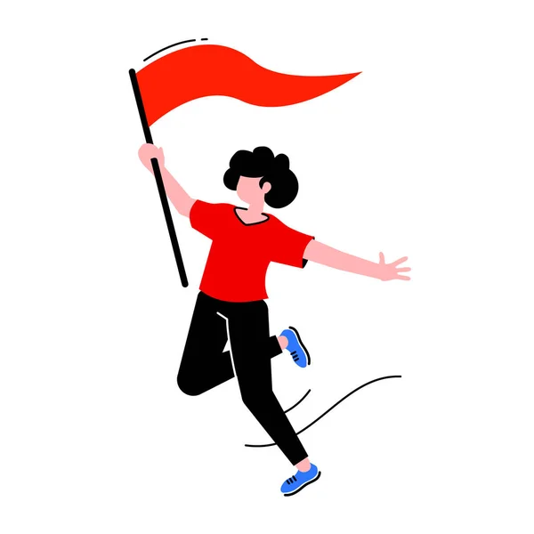 白を背景に赤い旗を持つ成功した女性のベクトル創造的なビジネスイラスト リーダーは先にすべての場所で ウェブ サイト ポスター バナーのための人々のフラットラインアートスタイルのデザイン — ストックベクタ