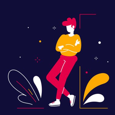 Koyu arka planda bitki ile duvara yaslanmış rahat adamın vektör yaratıcı çizimi. Gündelik giysiler içinde genç bir adam bekliyor. Web, site, poster, afiş için insanların düz çizgi film tarzı tasarımı 