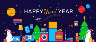 Koyu arkaplandaki ev aletlerinin vektör çizimi. Noel ağacı ve mutlu kardan adamla ev aletleri satışı. Web, afiş, reklam, e-posta bülteni için düz stil tasarımı