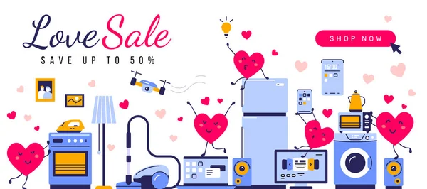 Vektor Illustration Von Haushaltsgeräten Mit Happy Heart Charakter Verkauf Elektronischer — Stockvektor