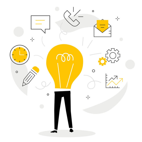 Vector creative illustration of business man with light bulb instead of body and icon on white background. Multitask office worker, creative idea manager. Flat line art style people design for web, poster, banner