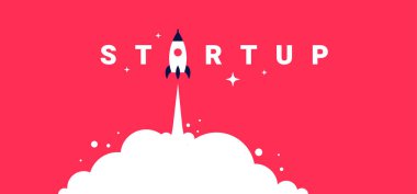 Beyaz bulutlu ve kırmızı arkaplanlı uçan uzay gemisinin yaratıcı temsilciliği. Başlangıç için düz çizgi film tarzı fikir tasarımı Web afişi, poster, yazdırma