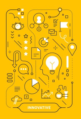 Sarı arka planda insan kafası olan vektör yaratıcı iş konsepti. İşletme yenilikçi sürecinin kelime ile dikey illüstrasyonu. Web, bayrak, baskı ve sunum için düz çizgi sanat tarzı şablonu tasarımı