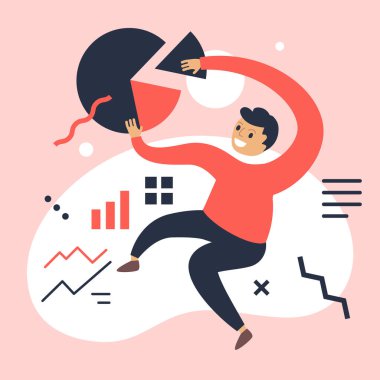 Renkli arkaplanda pasta grafiği olan başarılı bir adamın yaratıcı temsili. Finansal analiz raporu. Web, site, poster, afiş için çalışan insanların düz stil tasarımı