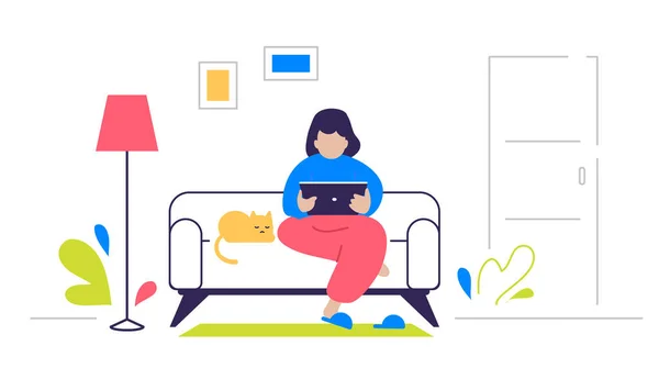 白い背景に猫を自宅でソファに座ってガジェットと女性のベクトル創造的なイラスト Covid 19ウイルスの距離からの通信女性 ウェブ サイト ポスター バナーのための人々のフラット漫画スタイルのデザイン — ストックベクタ