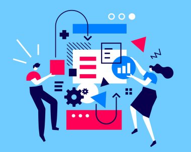 Renkli arka planda soyut unsurlara sahip kadın ve erkeğin yaratıcı illüstrasyonu. İş sürecinde takım çalışması iletişimi. Web, site, poster, afiş için çalışan insanların düz çizgi sanat tarzı tasarımı