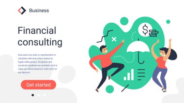 Renkli şemsiyeli başarılı takımın resimlerini içeren yaratıcı iş şablonu. Sigorta ekip çalışması konsepti. Web, site, poster, afiş için çalışan insanların düz stil tasarımı